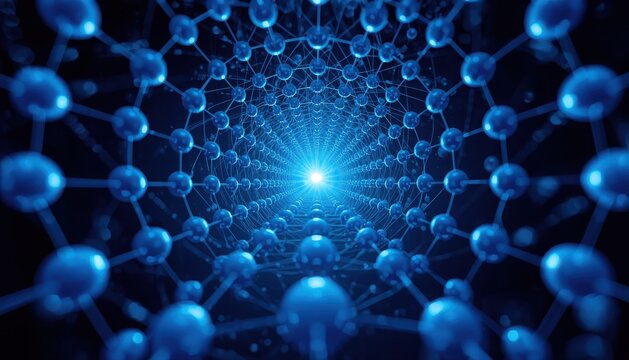 Abstract futuristic tunnel of interconnected blue spheres with glowing light at the end symbolizing data flow network communication or scientific pathways connection technology futuristic abstract