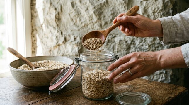 A pair of hands carefully scooping healthy steel cut oats with a natural wooden spoon into a glass cylindrical storage jar on a rustic wooden table, perfect for a cozy morning breakfast setting.