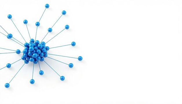Abstract blue central cluster of spheres with radiating dashed connections on a clean white background symbolizing a hub network or communication system connection radiating abstract technology