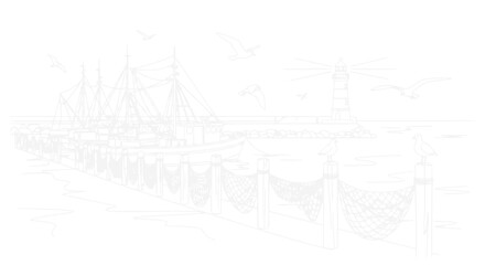 Sailing ship docked at pier, lighthouse in distance, seagulls flying © Tani