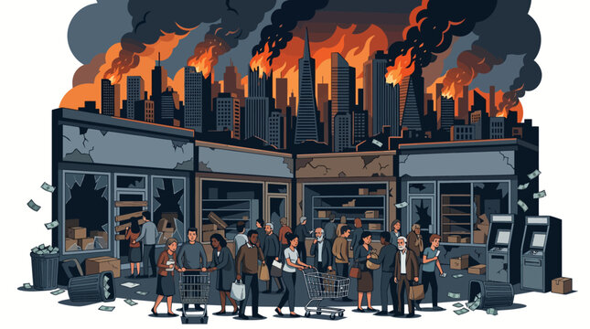 Pixel art illustration of a chaotic city street with people amidst burning buildings and debris, conveying a sense of destruction and chaos in a dark and ominous tone.