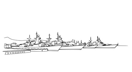 Naval Fleet Line Drawing: Warships Docked at Port, Military Vessels Illustration © Tani