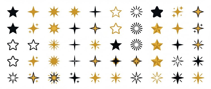 Diverse set of minimalist star and sparkle icons in black and gold ideal vector elements for UI design ratings and festive celebrations