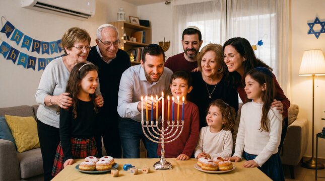 Hanukkah family celebrating Jewish holiday candle lighting ceremony multigeneration group happy home gathering menorah children grandparents festive room