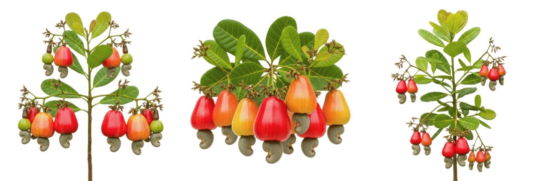 Cashew crop plant, cashew apples and nuts on branch showing plant anatomy, vascular tissue architecture, and structural morphology within a biological reference specimen record file catalog and taxono