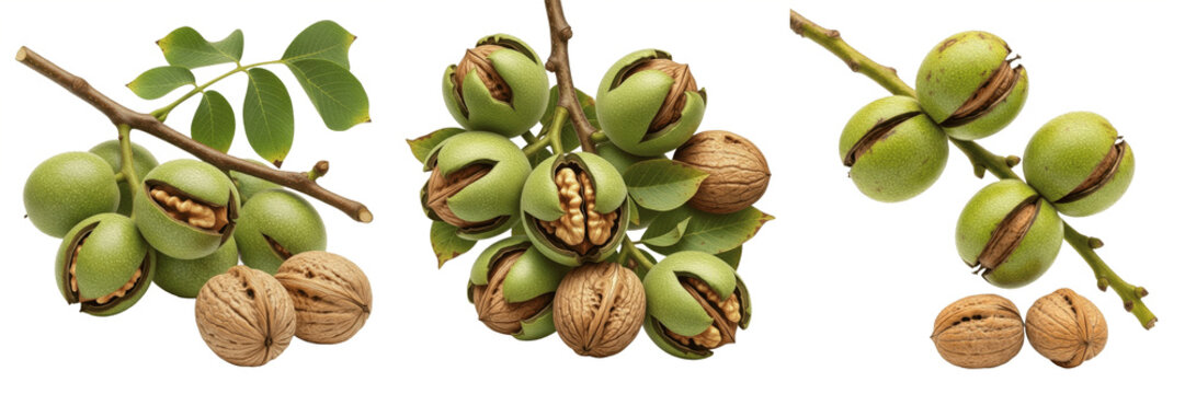 Walnut crop, walnut tree branch with nuts showing plant anatomy, vascular tissue architecture, and structural morphology within a biological reference specimen record file catalog and taxonomic 