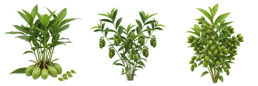 Cardamom crop plant, green cardamom pods and leaves showing plant anatomy, vascular tissue architecture, and structural morphology within a biological reference specimen record file catalog and taxono