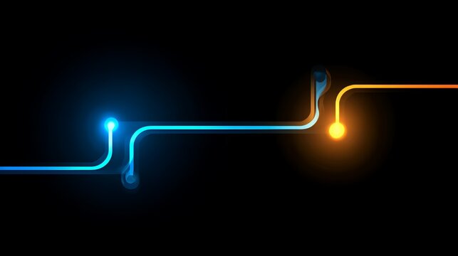Abstract Technology Circuit Board Background, Glowing Blue and Orange Light Neon Trails Network Connection, Futuristic Electronic Particle Wave Grid Banner