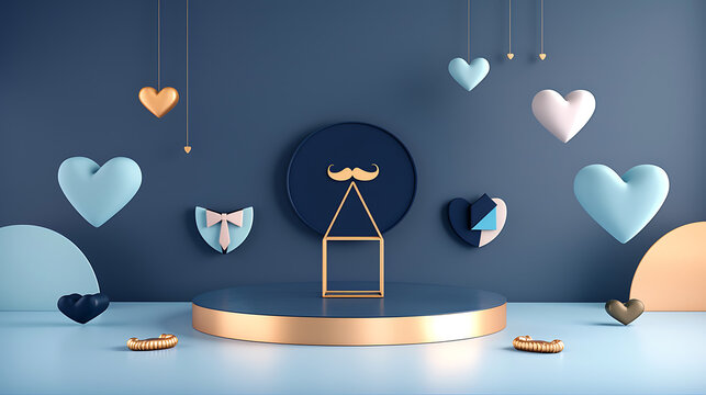 3D elegant blue Fathers Day product podium copy space background with mustache heart decor for men gift e-commerce promo and window display.