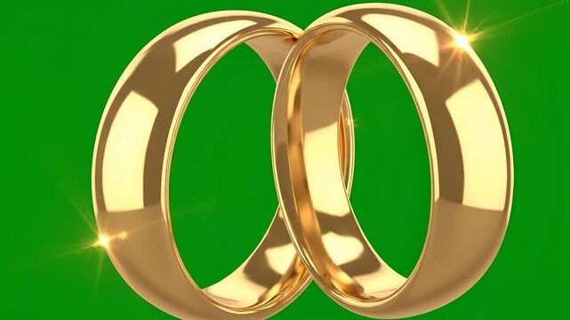 Two Golden Wedding Rings Intertwined on a Vibrant Green Background.