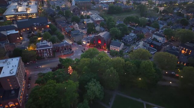Salem MA Sunset Drone Aeriel 360 Panoramic View of Historic Cityscape, Golden Hour Harbor, Coastal Massachusetts & Downtown Lights. Atmospheric New England Twilight Aerial B-Roll Stock Footage