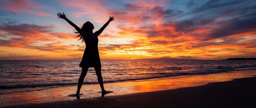 Silhouette of a woman with arms outstretched on a beach celebrating freedom and success during a vibrant sunset over the ocean