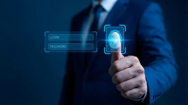 Businessman using fingerprint scan for secure login authentication