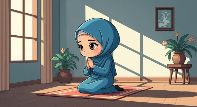 Vector illustration of a cute chibi Muslim woman wearing a blue hijab and modest dress sitting on a prayer rug in a sunlit room with plants, performing a supplication gesture.