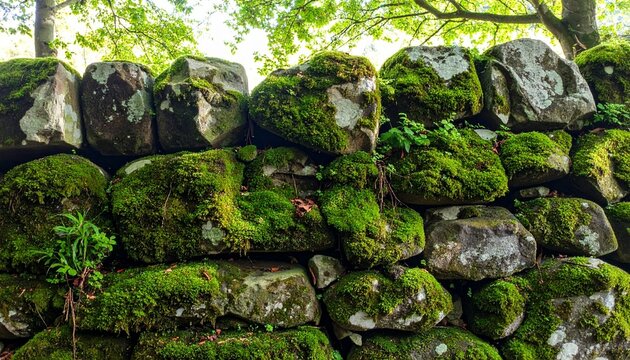 苔むした自然石積み壁テクスチャ背景