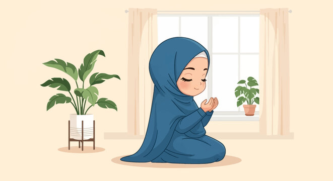 Chibi style illustration of a Muslim woman wearing a blue hijab and prayer garment, kneeling and performing Dua with raised hands in a room with a window and indoor potted plants.