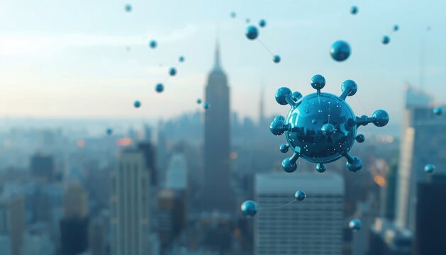 Blue virus cell floating above a blurred cityscape with skyscrapers bacteria microscopic infection pandemic virology outbreak contagious biohazard pathogen epidemic skyscraper new york