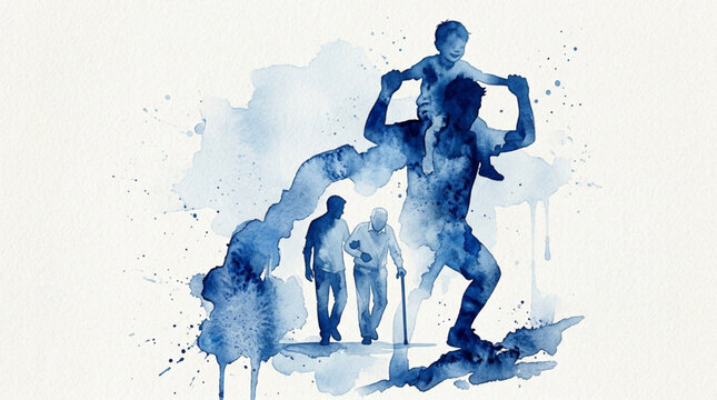 Father's Day A poignant watercolor illustration depicting the generational journey of life, from childhood carried by a parent to old age, symbolizing the passage of time and family legacy