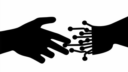 Obraz premium Futuristic robotic hand touching human hand silhouette with digital circuit patterns representing technology innovation and human machine interaction in a sleek modern style