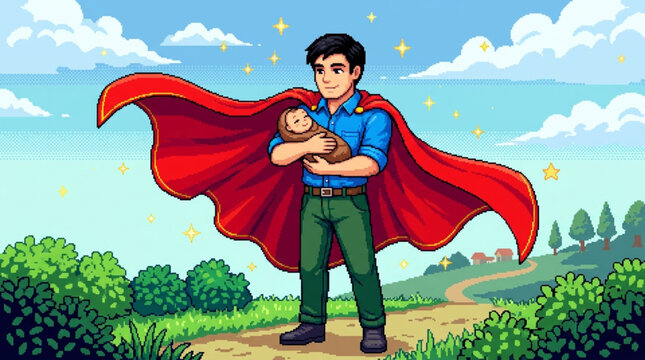Father's Day A father's powerful bond and protective spirit are beautifully captured as a cape-clad man cradles his infant in a vibrant pixel art illustration against a serene countryside