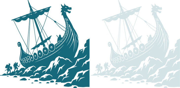 Viking Longship Landing on Rocky Shore Silhouette Vector Illustration