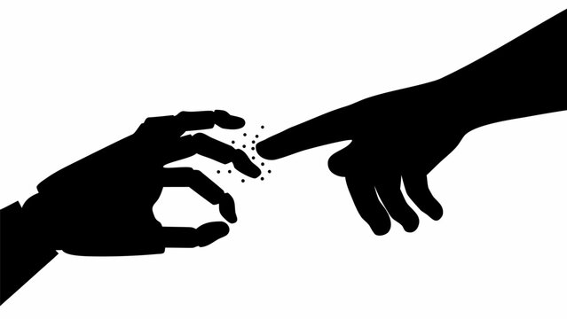 Futuristic robot hand reaching out to touch human hand in a digital interaction concept silhouette illustration emphasizing technology innovation and connection in a sleek