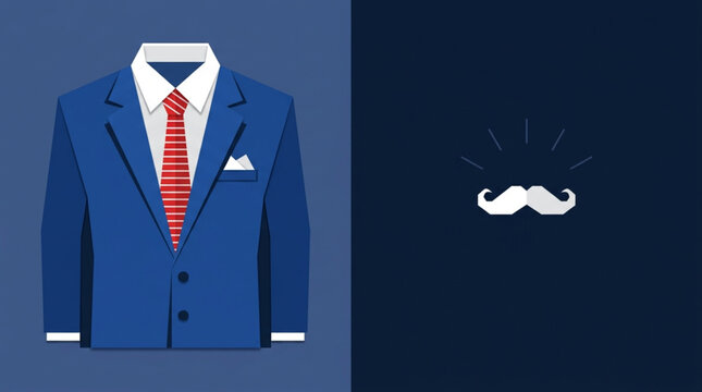 Stylish Blue Suit with Red Tie and Pocket Square Alongside a Minimalist Moustache Icon