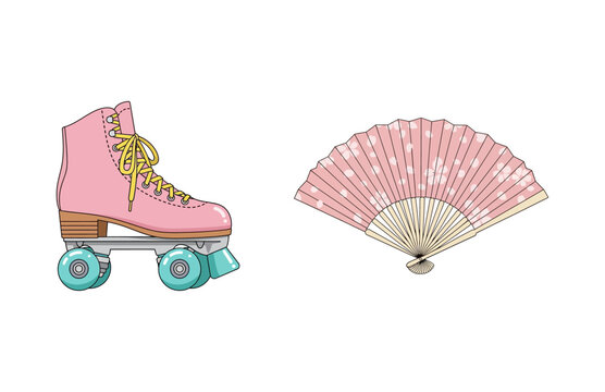 Charming pink roller skate and elegant patterned folding fan, a delightful duo for summer leisure and retro style