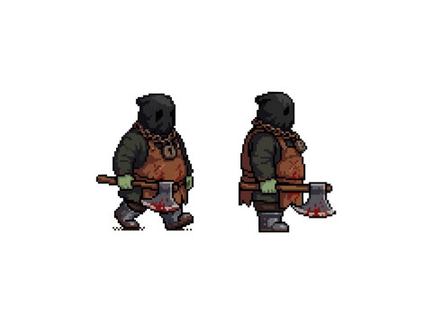 pixel art of a heavy executioner butcher wearing a black hood and bloody apron holding a large iron axe