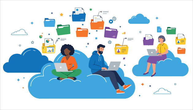 People working remotely on laptops with cloud storage and data management, illustrating digital collaboration and online file sharing.