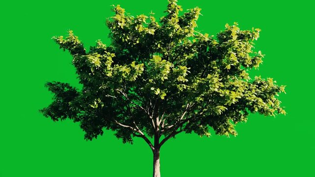 Lush green deciduous tree, full of healthy leaves, meticulously isolated on a vibrant background, ideal for seamless compositing in any visual media or digital project