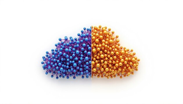 Abstract cloud shape divided into blue and orange halves made of spheres with two tone abstract background technology background digital background internet background storage background