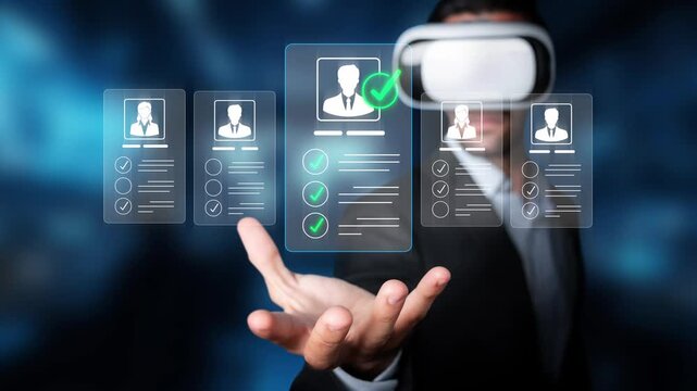 Business Professional Using Virtual Reality Technology to Interact with Digital Profiles in a Futuristic Environment Sigmoid