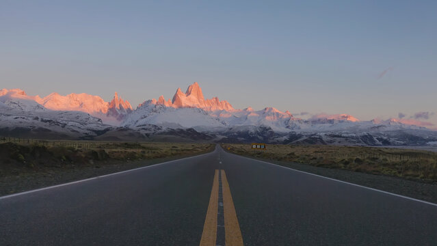 a sunrise shot of monte fitz roy and the road to el chalten at los glaciares national park in patagonian argentina