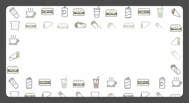 A minimalist white frame with rounded corners, bordered by a repeating pattern of various line art food and drink icons on a dark grey background.
