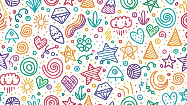 Fun colorful line doodle seamless pattern. Creative minimalist style art background for children or trendy design with basic shapes.