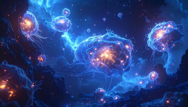 Ethereal Luminous Spores Drifting in Dark Midnight Blue Space