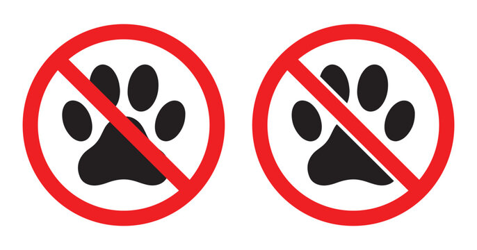 No pets allowed sign with black paw print icon inside red prohibition circle symbol