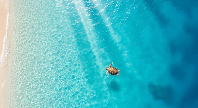 Sea turtle swimming in clear turquoise ocean water near sandy beach shore aerial top view.
