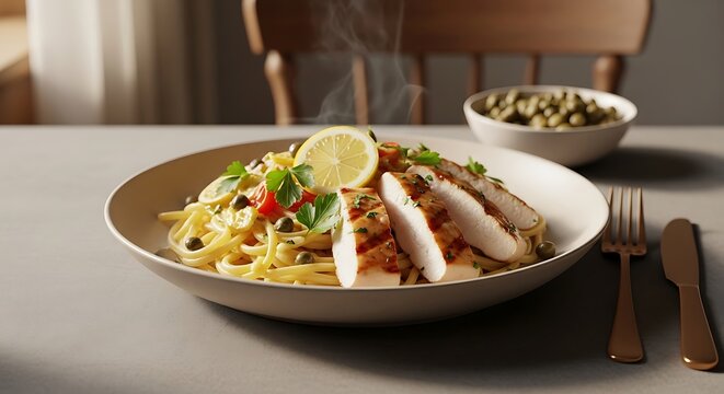 A gourmet plate of chicken piccata pasta featuring grilled chicken breast slices, capers, fresh lemon, and parsley served on a modern table setting