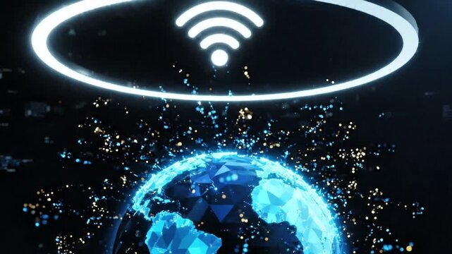 A clean futuristic Earth made of glowing polygons displays expanding wifi rings from the center while digital data particles orbit around the globe and connect every continent