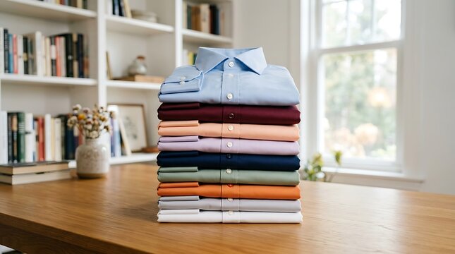 A stack of colorful folded men shirts placed neatly on a wooden table in a bright home office library