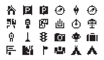 Set of 24 pixel art icons including home, parking, compass, person, traffic light, and folder. © MDABDUR