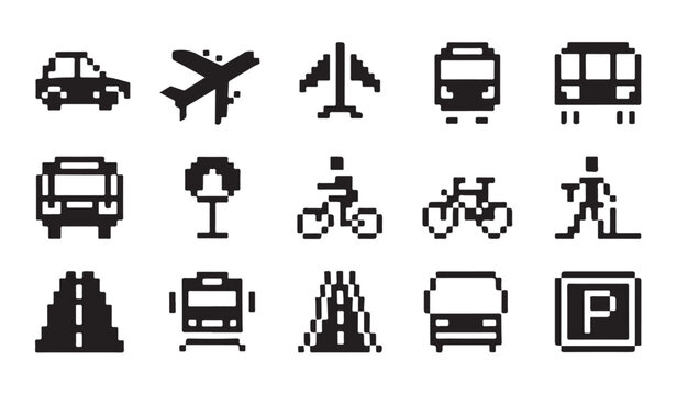 Pixel art urban transport and traffic sign collection with car plane bike train silhouette.