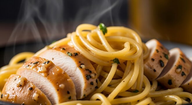 Freshly cooked steaming chicken piccata pasta served on a dark plate for a delicious dinner dish featuring sliced chicken breast and fresh herb seasoning