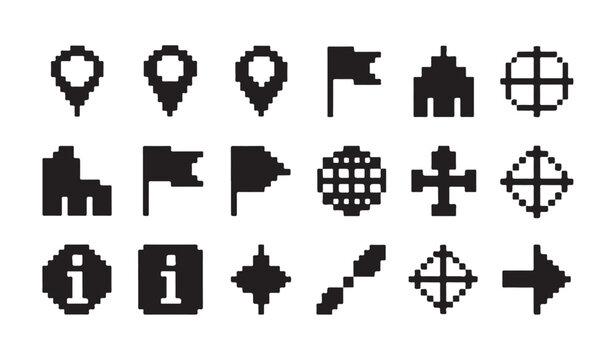 Pixel art geography and location marker collection with globe flags and navigation silhouette.