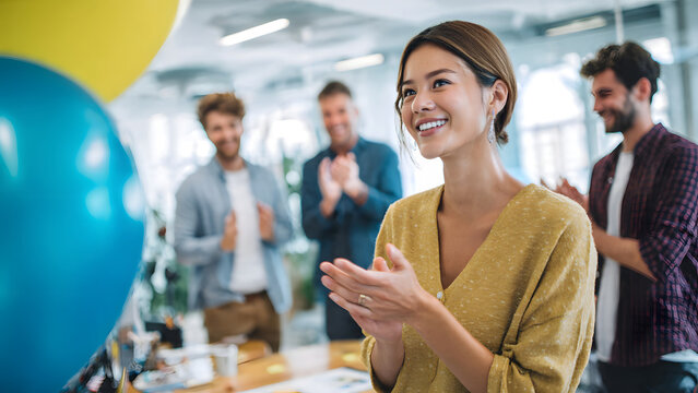 A beautiful smiling Asian woman claps her hands during a surprise office celebration with her blurred colleagues applauding her recent career promotion success.