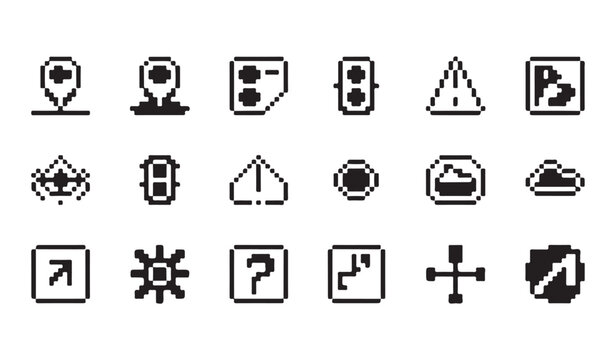 Road signs and traffic warnings pixel icon collection for digital navigation map design use.