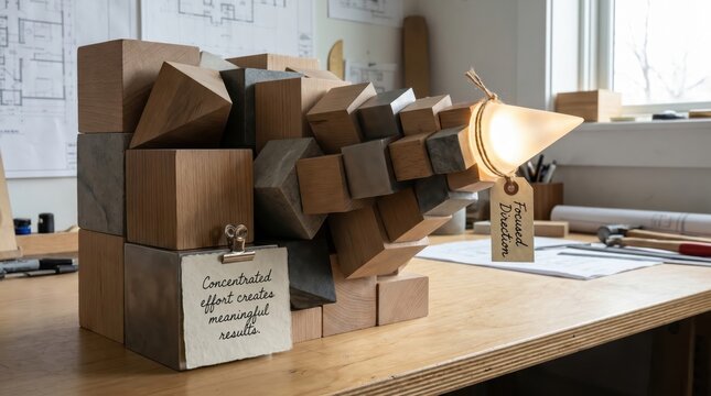 Geometric Wood Structure with Motivational Quotes and Lamp