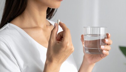 Fototapeta premium Woman holding a pill and glass of water, representing health and medication intake
